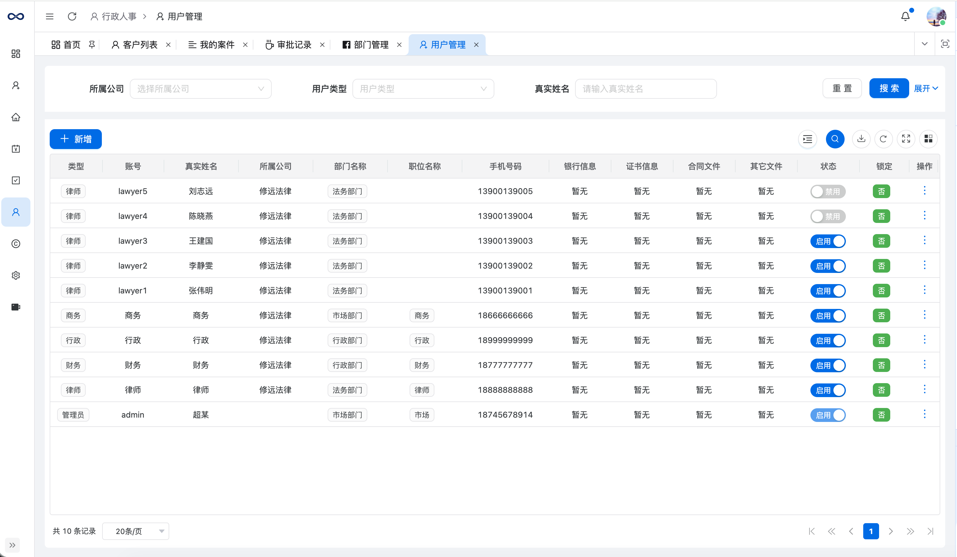 修远律所管理系统人事管理功能界面 - 律所员工档案绩效与培训管理